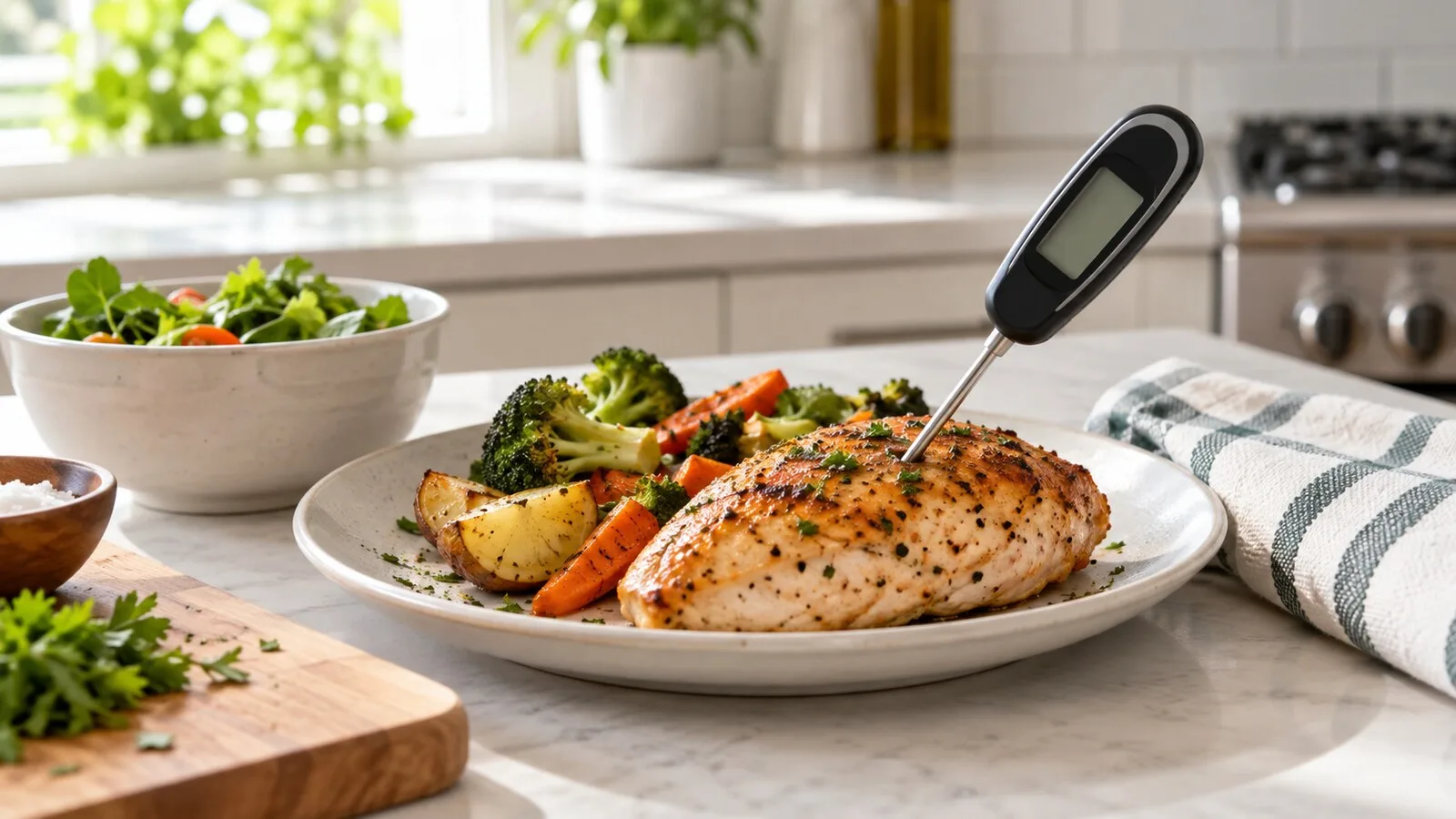 Digital food thermometer inserted into cooked chicken on a plate with vegetables in a bright kitchen