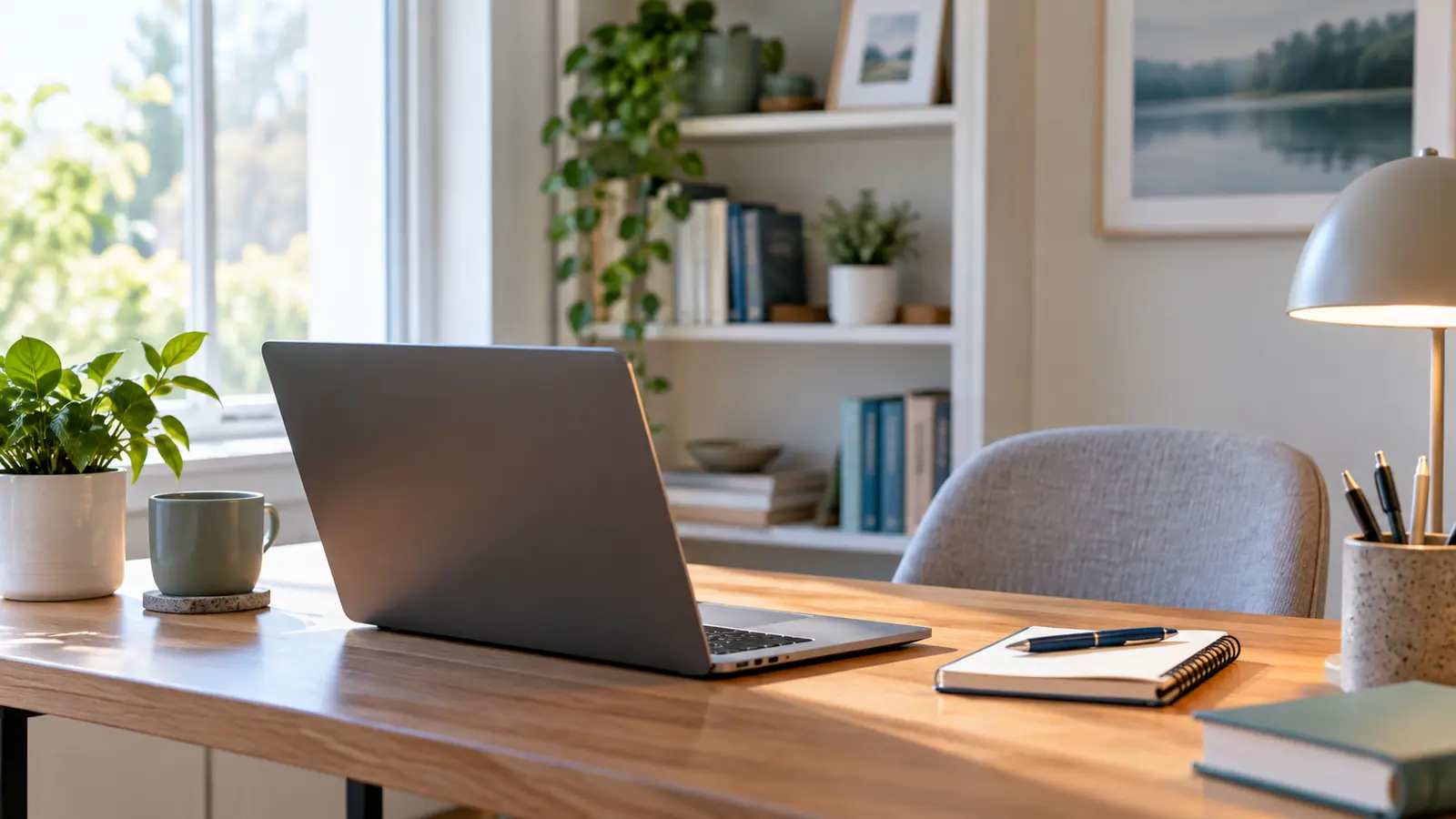 Quiet home workspace with a laptop, notebook, lamp, plants, and a tidy background prepared for a video interview