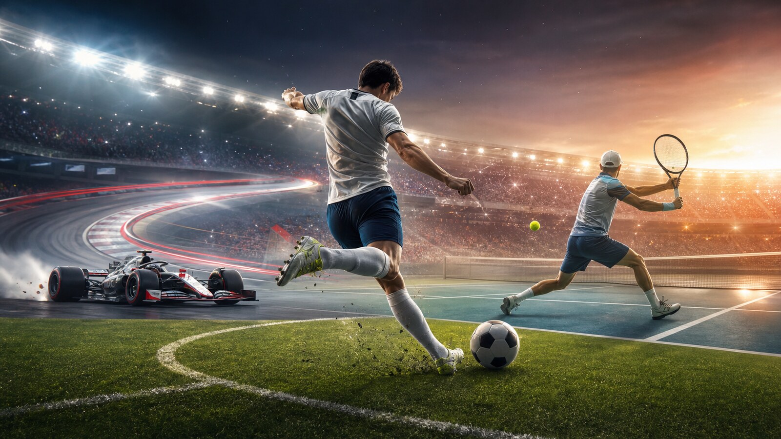 Generic football, tennis and motorsport action inside a brightly lit stadium