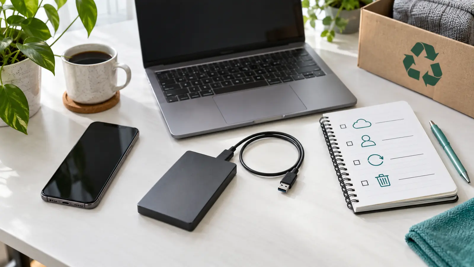 Old phone, laptop, external drive, cable, and checklist arranged on a bright desk before device resale or recycling