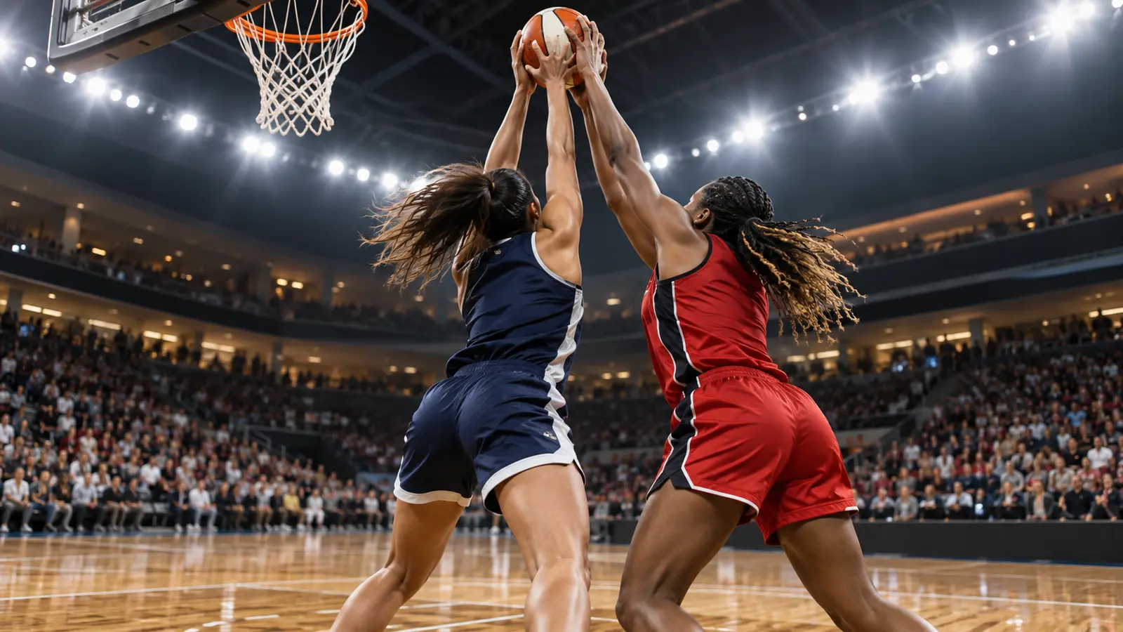 Two anonymous women basketball players contesting a rebound under arena lights without team branding